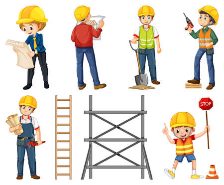 Construction worker set with people doing different jobs illustrationのイラスト素材