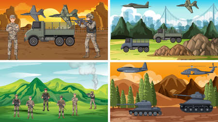 Set of different army war scenes illustrationのイラスト素材