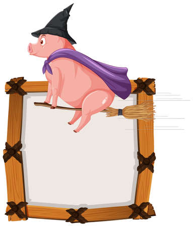 Isolated wooden banner with witch pig riding bloom illustrationのイラスト素材