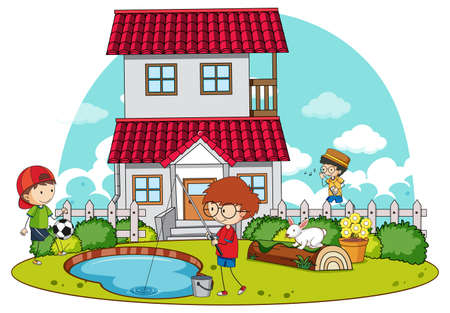 A simple house with kids in nature background illustrationのイラスト素材