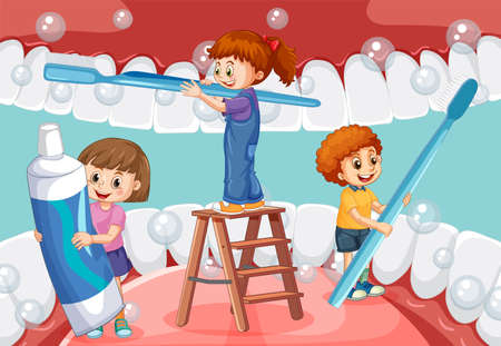 Happy kids brushing whiten teeth with a toothbrush inside human mouth illustrationのイラスト素材