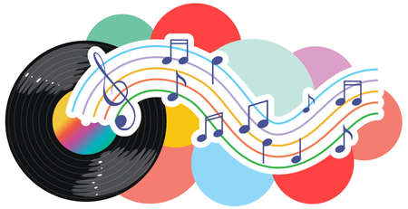 Music notes rainbow colourful with vinyl record on white background illustrationのイラスト素材