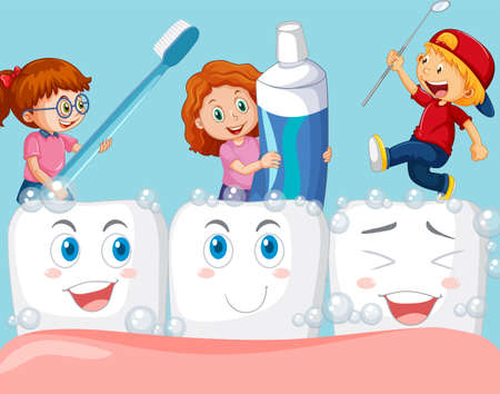 Happy little boy and girls cleaning big happy teeth on blue background illustrationのイラスト素材