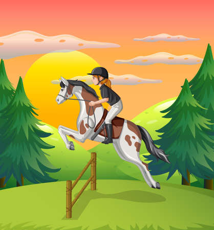 A girl riding on a horse at natural scene illustrationのイラスト素材