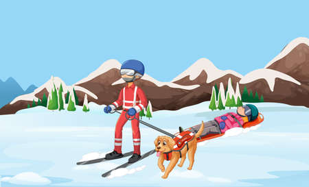 Snow scene with firerman rescue in cartoon style illustrationのイラスト素材