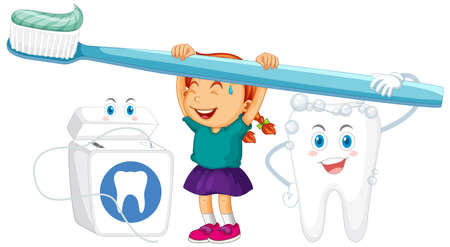 A little girl and big tooth holding toothpaste with whiten teeth on white background illustrationのイラスト素材