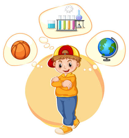 A boy thinking with many callouts illustrationのイラスト素材