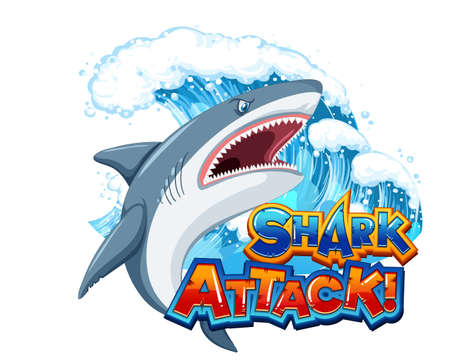 Shark attack font logo with cartoon aggressive shark illustrationのイラスト素材
