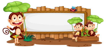 Blank wooden signboard with monkey catoon illustrationのイラスト素材