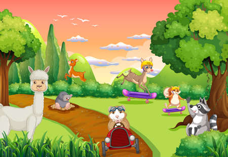 Forest scene with different kinds of animals illustrationのイラスト素材