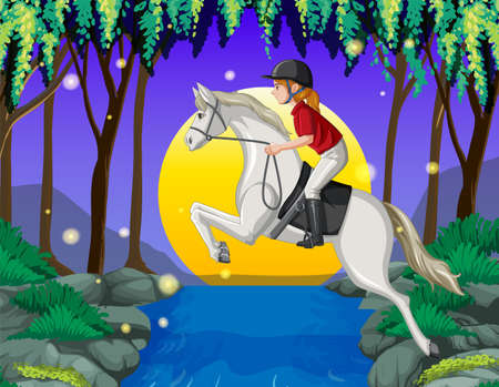 A scene of girl riding on a horse at night illustrationのイラスト素材