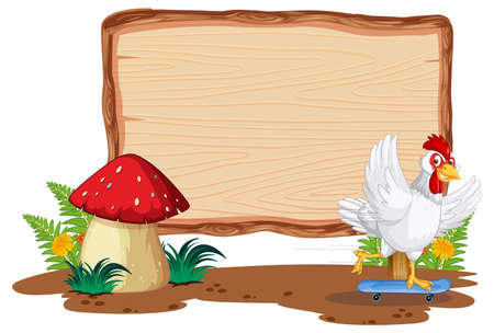 Blank wooden signboard with chicken farm illustrationのイラスト素材