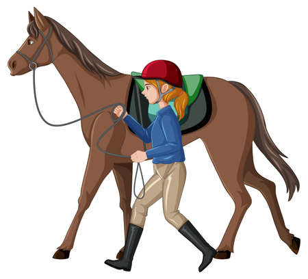 Equestrian sport with girl leading horse illustrationのイラスト素材