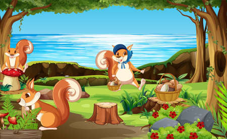 Scene with squirrels in the forest illustrationのイラスト素材