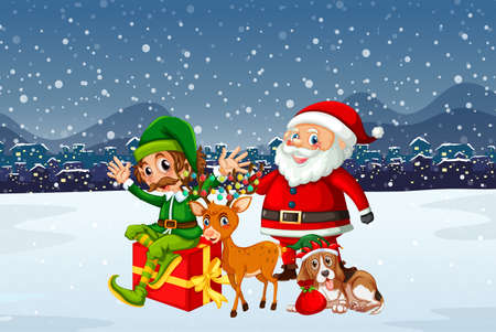 Snowy Christmas night scene with Santa Claus and friends illustrationのイラスト素材