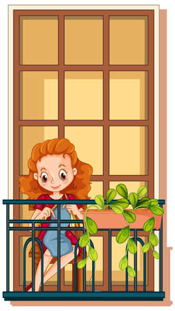 A woman knitting on the balcony illustrationのイラスト素材