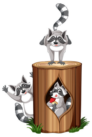 Three raccoons playing by the log illustrationのイラスト素材