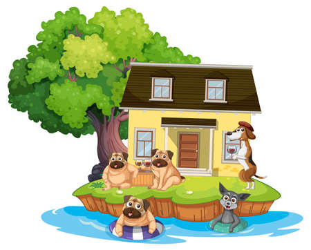 Outdoor house scene with domestic animals cartoon illustrationのイラスト素材