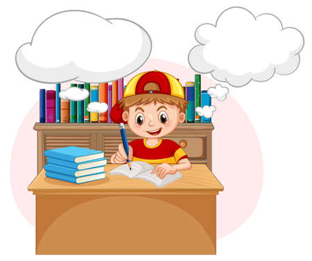 A kid doing homework with speech bubble in the library illustrationのイラスト素材