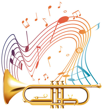 Music notes rainbow colourful with trumpet on white background illustrationのイラスト素材