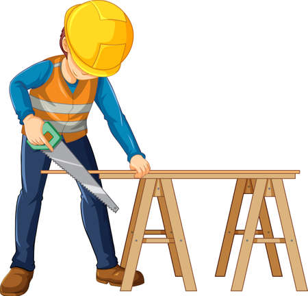 A construction worker cutting wood illustrationのイラスト素材