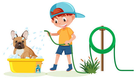 Cartoon boy washing her dog illustrationのイラスト素材