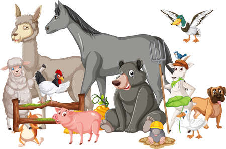Many farm animals by the fence illustrationのイラスト素材