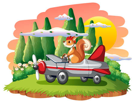 A squirrel squirrel fly a plane on island illustrationのイラスト素材