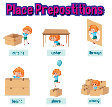 Prepostion wordcard design with girl and boxes illustrationのイラスト素材
