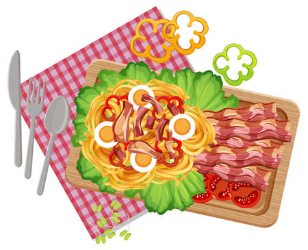 Top view of breakfast on wooden tray illustrationのイラスト素材