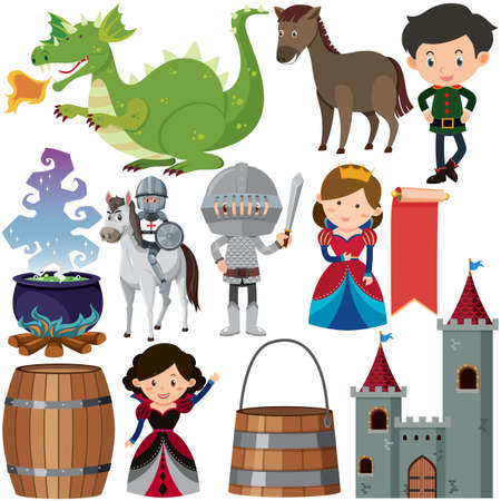 Medieval characters buildings set illustrationのイラスト素材