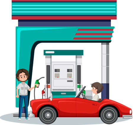 Gas station scene on white background illustrationのイラスト素材