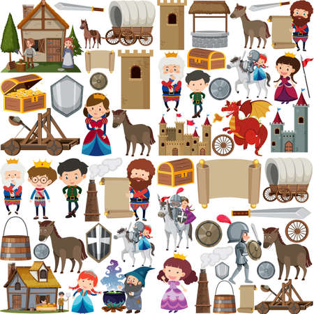 Medieval characters buildings set illustrationのイラスト素材