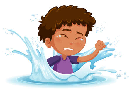 A water splash with a kid drowning on white background illustrationのイラスト素材