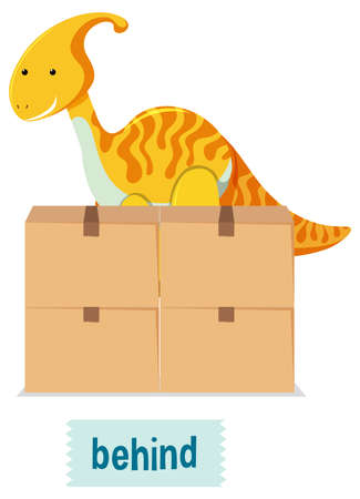 Preposition of place with cartoon dinosaur and boxes illustrationのイラスト素材
