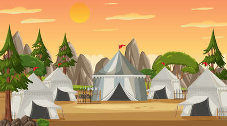 Medieval town scene  camp with tents illustrationのイラスト素材