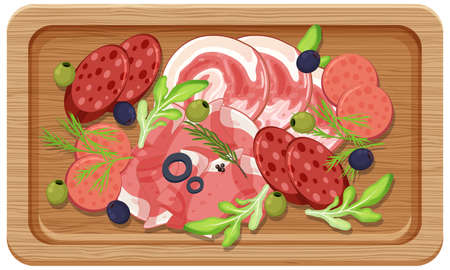 Top view of lunch meat on a wooden tray illustrationのイラスト素材