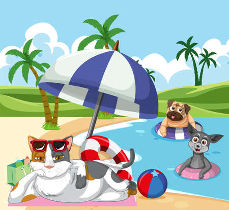 A group of different pet do various activities on the beach illustrationのイラスト素材