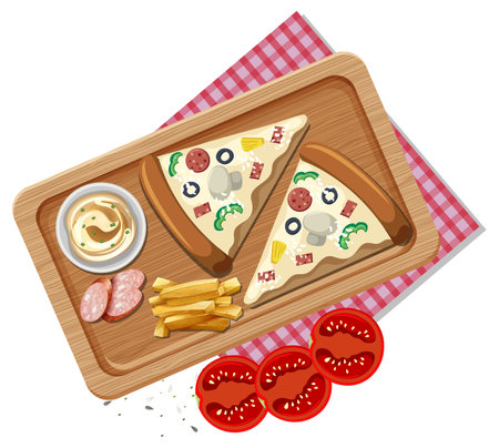 Top view of pizza on wooden tray illustrationのイラスト素材