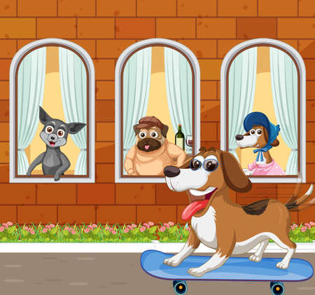 Outdoor scene with domestic animals cartoon character illustrationのイラスト素材