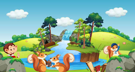 Scene with squirrels and monkey by waterfall illustrationのイラスト素材