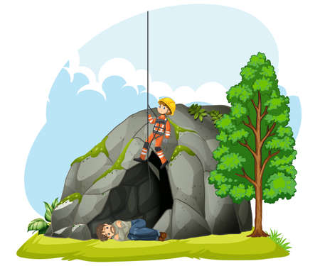 Emergency rescue team help people cartoon style in forest illustrationのイラスト素材