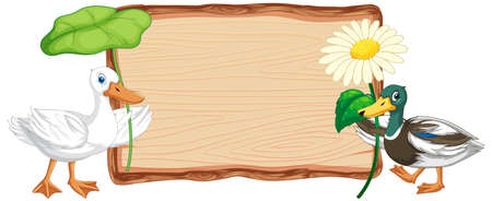 Duck animals with empty wood signboard  illustrationのイラスト素材