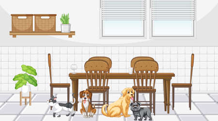 Set of different domestic animals in kitchen illustrationのイラスト素材