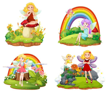 Set of isolated fantastic forests with beautiful fairies illustrationのイラスト素材
