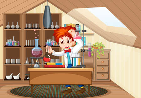Laboratory scene with scientist cartoon character illustrationのイラスト素材