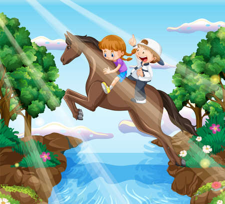 A scene of girl and friend riding on a horse illustrationのイラスト素材
