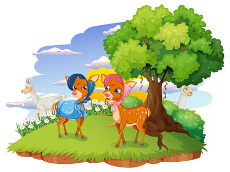Isolated forest scene with deers in cartoon style illustrationのイラスト素材