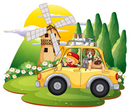 Road trip concept with domestic animals in a car illustrationのイラスト素材