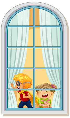 View through the window of children playing illustrationのイラスト素材